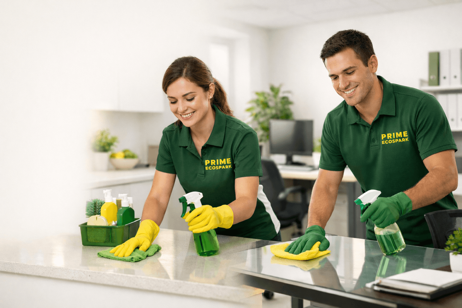 PRIME ECOSPARK cleaning team working in a bright residential space.