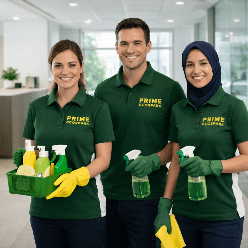 PRIME ECOSPARK cleaning team with branded uniforms and equipment in a professional setting.